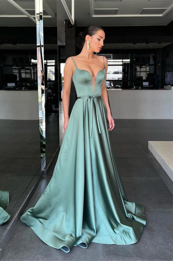 Sage Spaghetti-Straps Long Prom Dress A Line With Belt