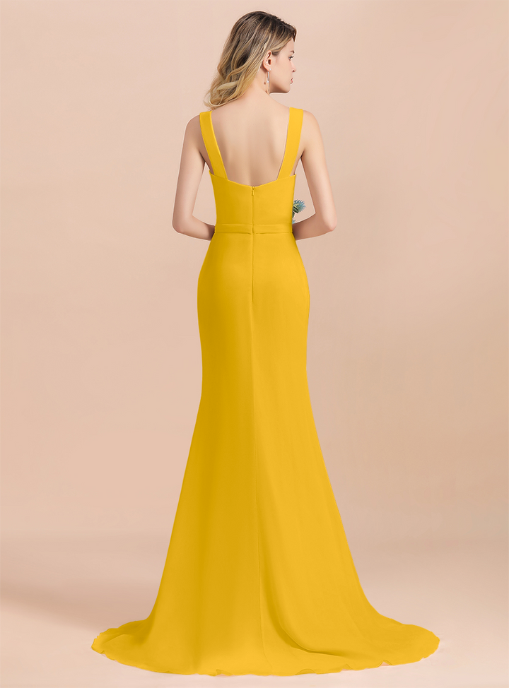 Drapped Neckline Ruffle Chiffon Floor-Length Dress-koscy