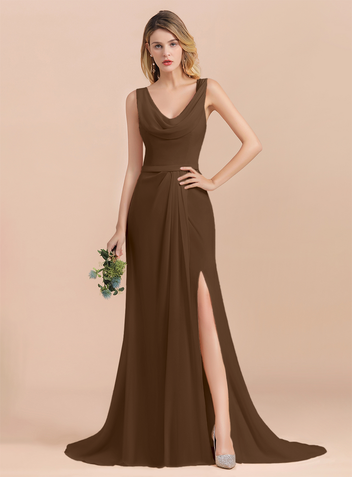 Drapped Neckline Ruffle Chiffon Floor-Length Dress-koscy