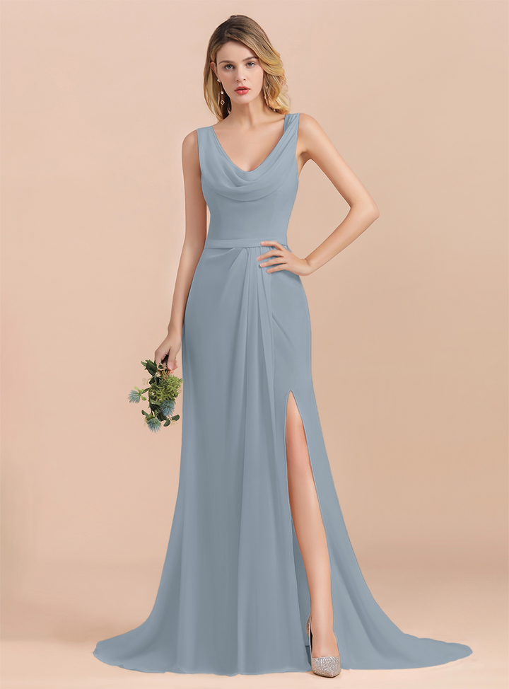 Drapped Neckline Ruffle Chiffon Floor-Length Dress-koscy