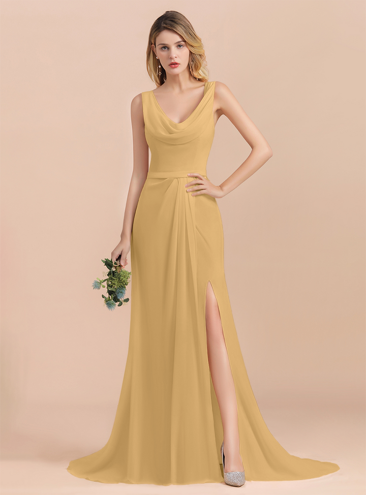 Drapped Neckline Ruffle Chiffon Floor-Length Dress-koscy