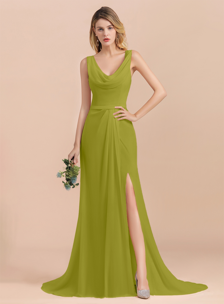 Drapped Neckline Ruffle Chiffon Floor-Length Dress-koscy