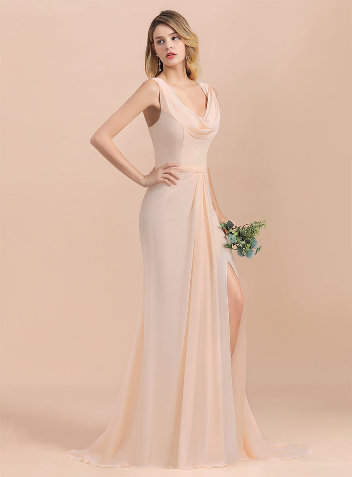 Drapped Neckline Ruffle Chiffon Floor-Length Dress-koscy