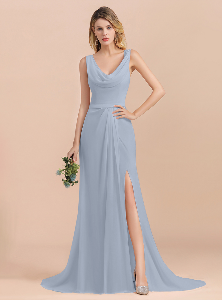 Drapped Neckline Ruffle Chiffon Floor-Length Dress-koscy