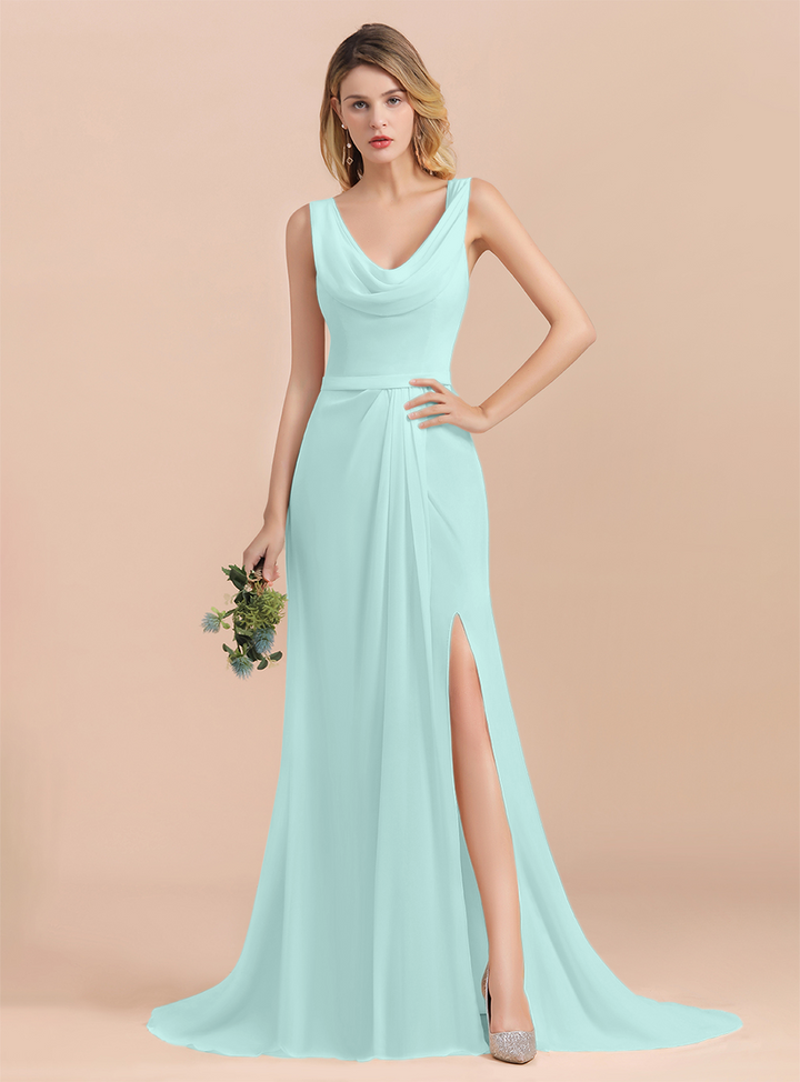 Drapped Neckline Ruffle Chiffon Floor-Length Dress-koscy