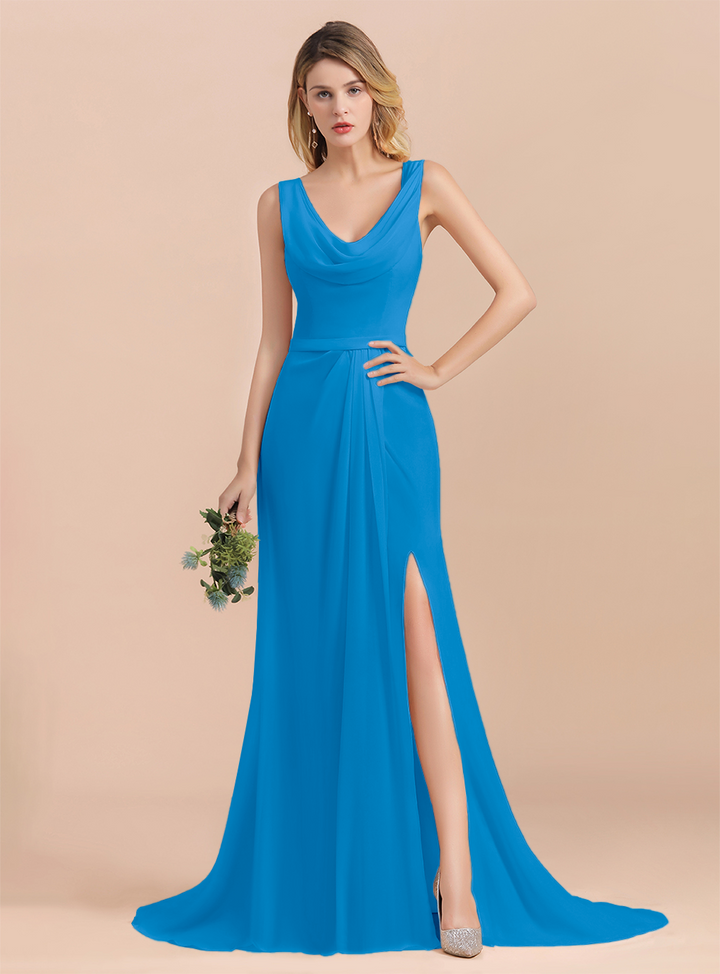 Drapped Neckline Ruffle Chiffon Floor-Length Dress-koscy