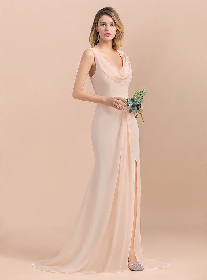 Drapped Neckline Ruffle Chiffon Floor-Length Dress-koscy