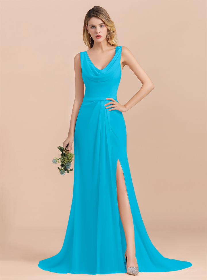 Drapped Neckline Ruffle Chiffon Floor-Length Dress-koscy