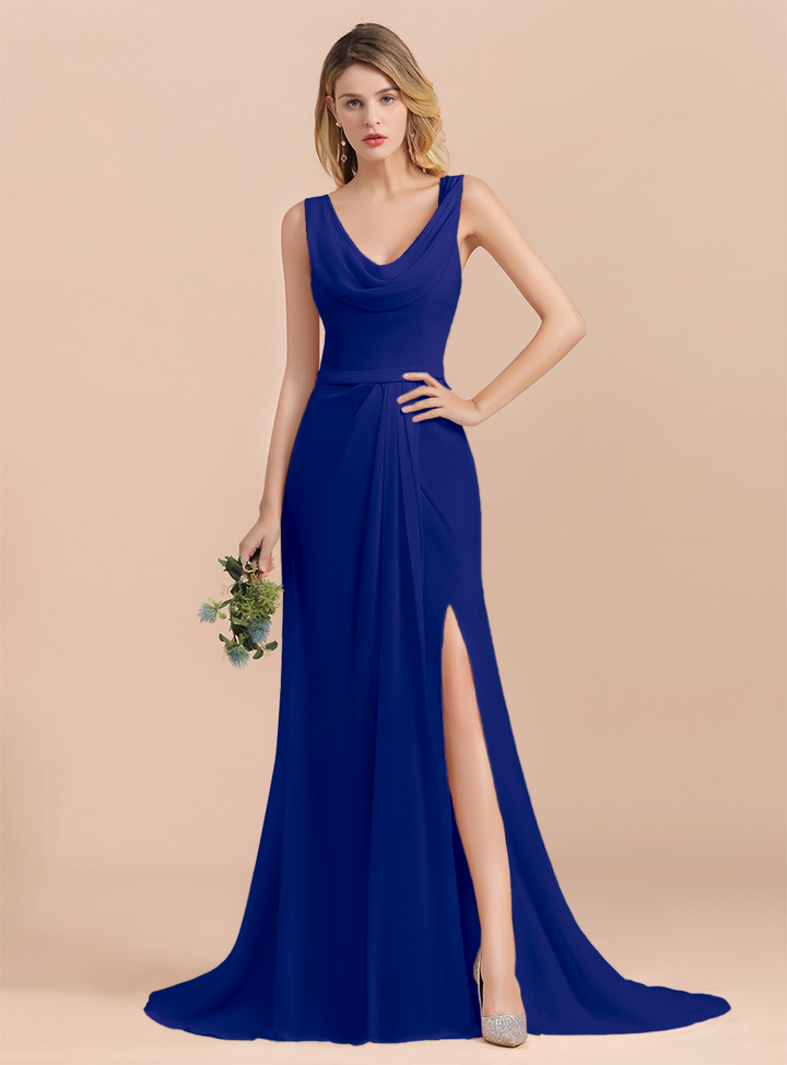 Drapped Neckline Ruffle Chiffon Floor-Length Dress-koscy