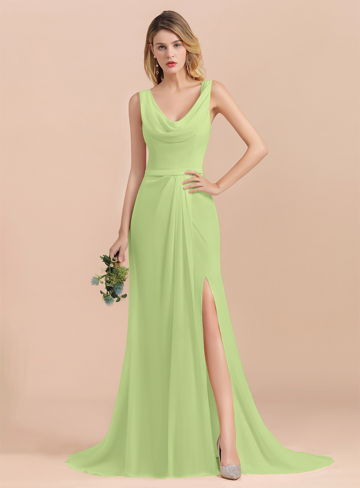 Drapped Neckline Ruffle Chiffon Floor-Length Dress-koscy