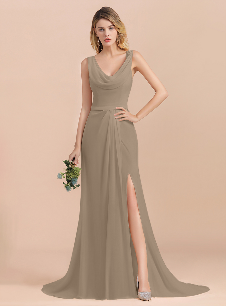 Drapped Neckline Ruffle Chiffon Floor-Length Dress-koscy