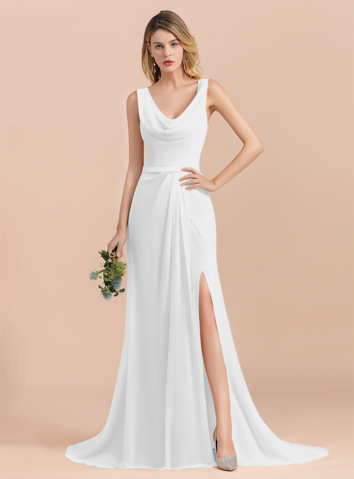 Drapped Neckline Ruffle Chiffon Floor-Length Dress-koscy