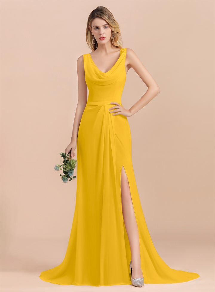 Drapped Neckline Ruffle Chiffon Floor-Length Dress-koscy