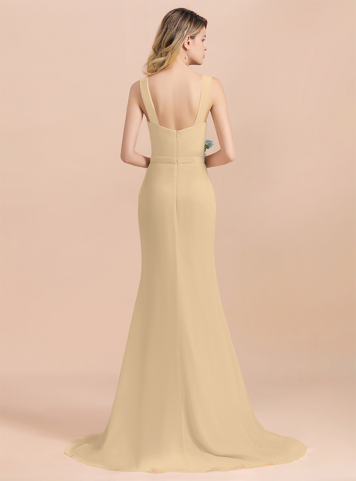 Drapped Neckline Ruffle Chiffon Floor-Length Dress-koscy