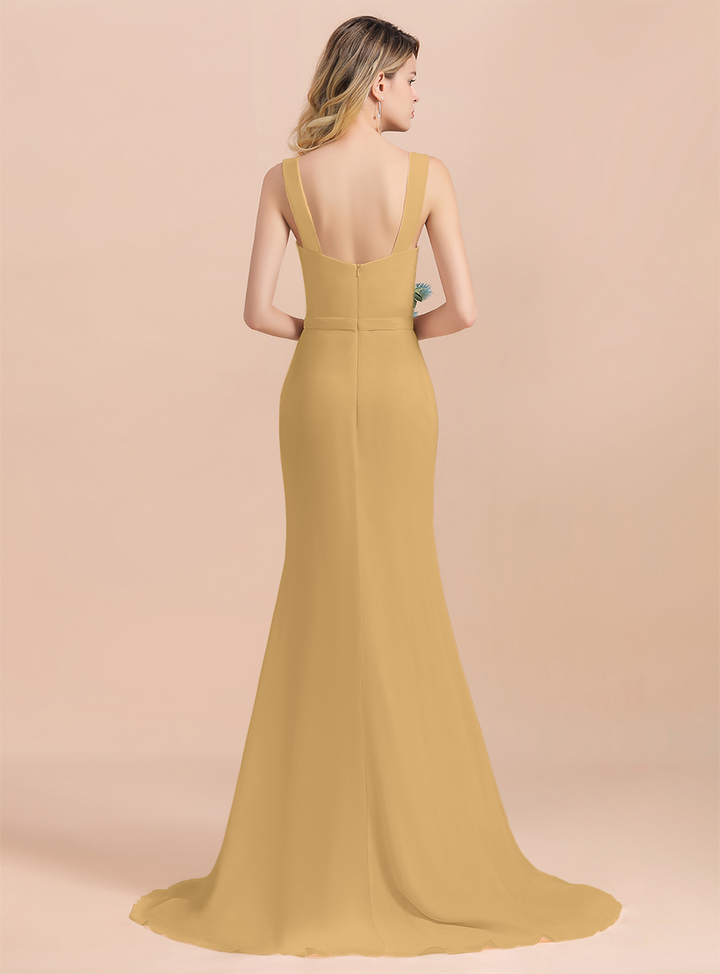 Drapped Neckline Ruffle Chiffon Floor-Length Dress-koscy