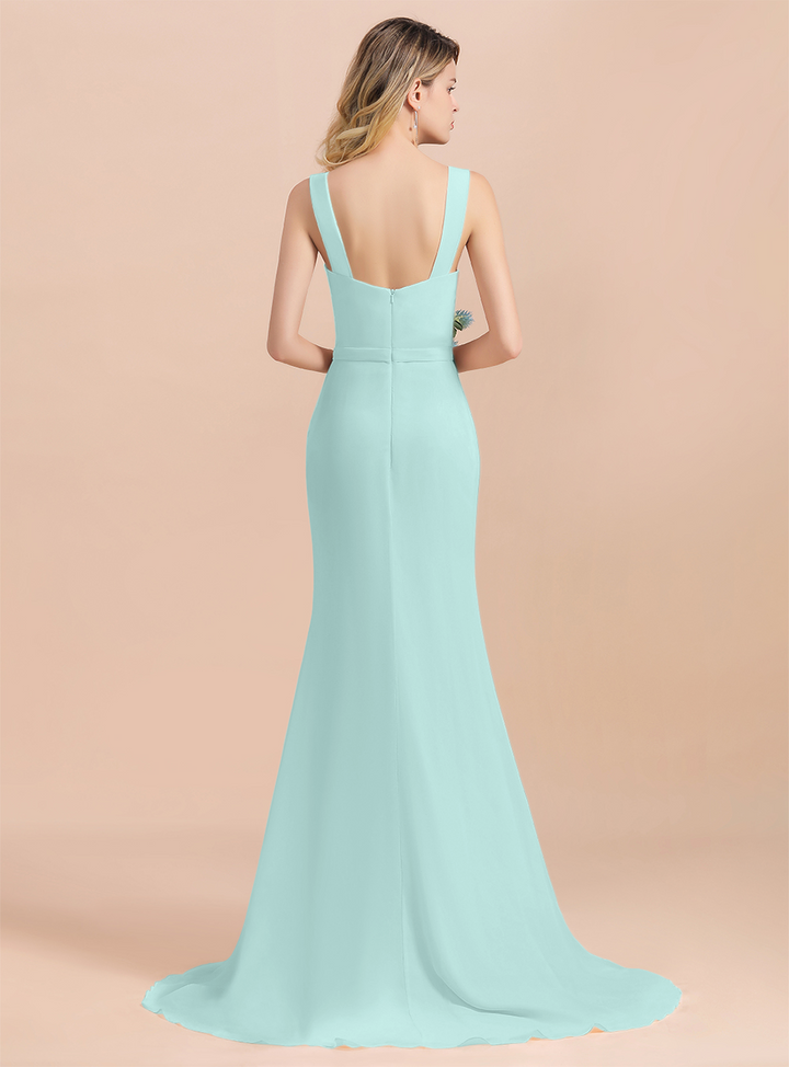 Drapped Neckline Ruffle Chiffon Floor-Length Dress-koscy