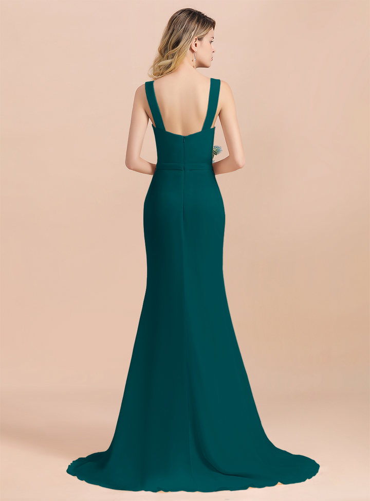 Drapped Neckline Ruffle Chiffon Floor-Length Dress-koscy