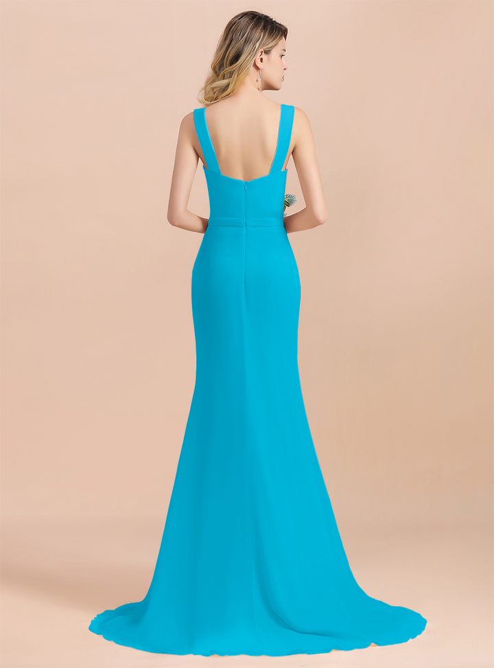 Drapped Neckline Ruffle Chiffon Floor-Length Dress-koscy