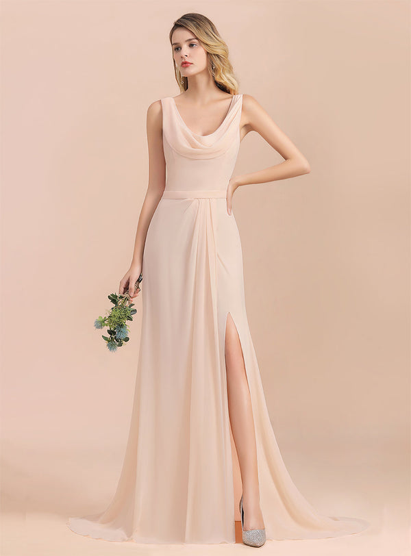 Drapped Neckline Ruffle Chiffon Floor-Length Dress-koscy