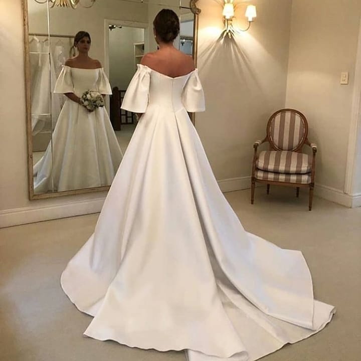 Bmbride A-Line Off-the-Shoulder Short Sleeve Satin Ruffles Train Wedding Dress