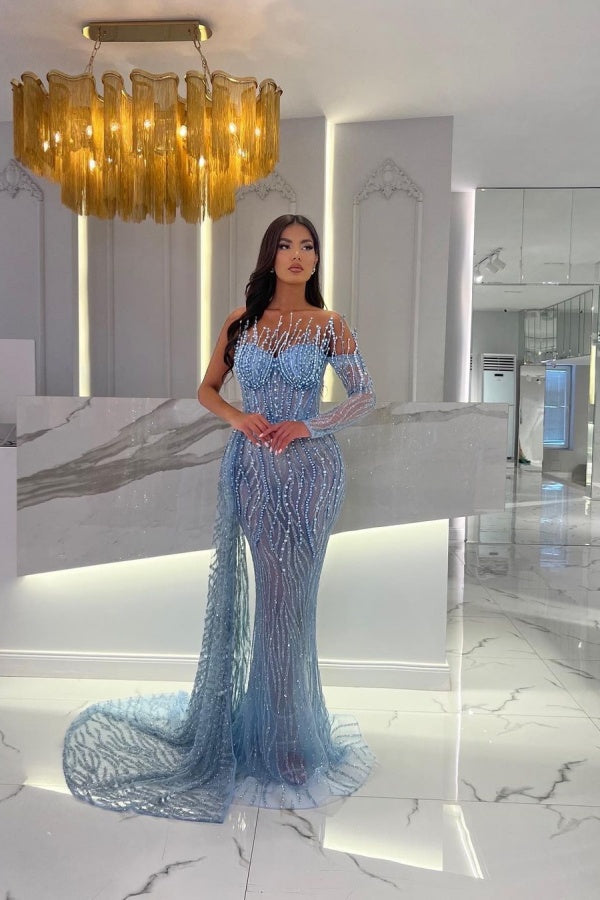 Strapless Beaded Baby Blue Mermaid Prom Dress