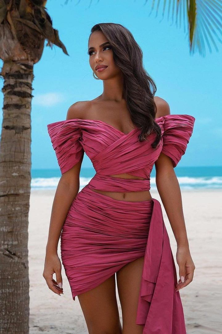 Off-the-shoulder Rose Prom Dress with Pleated Short Design and Trail