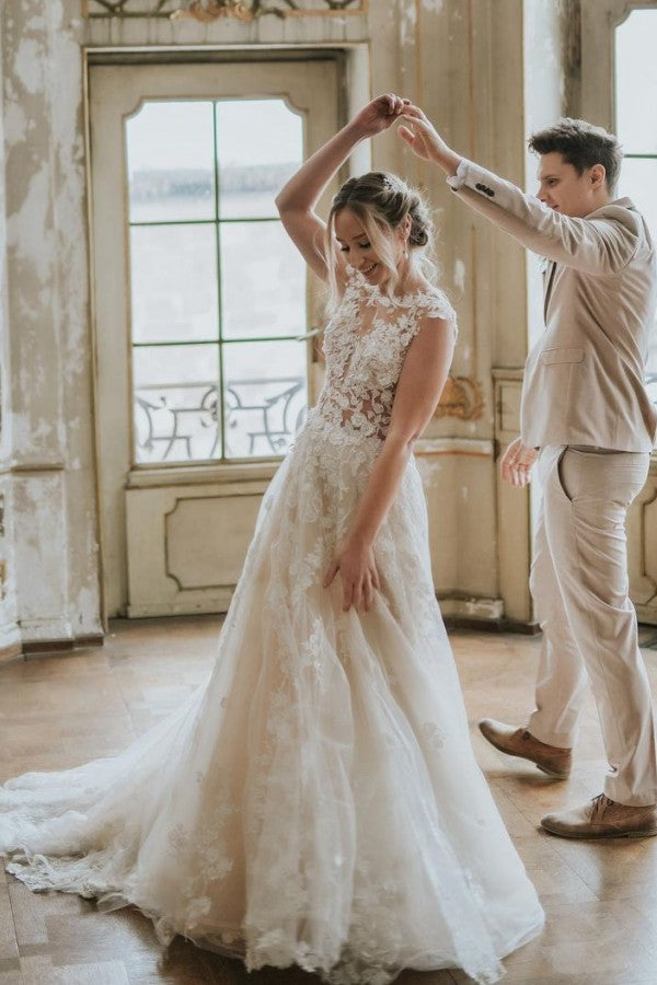 Bmbride Long A-line Boho Wedding Dress with Tulle and Lace Appliques