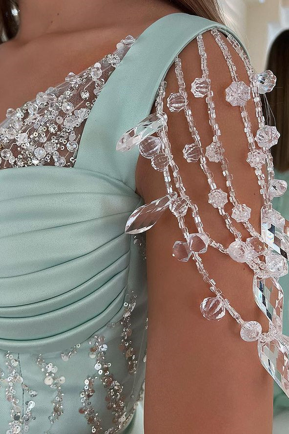 Stunning Mint Green Cap Sleeves Prom Dress with Long Front Slit and Buttons Beads