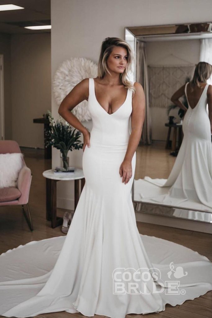 Bmbride V Neck Mermaid Long Train Backless Beach Wedding Dress