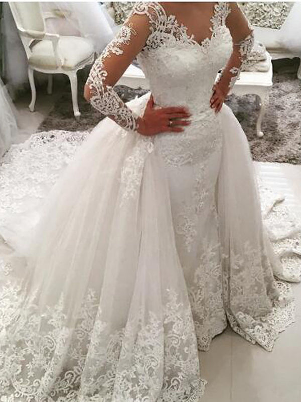 Bmbride Glamorous Ball Gown Mermaid Trumpet V Neck Wedding Dress