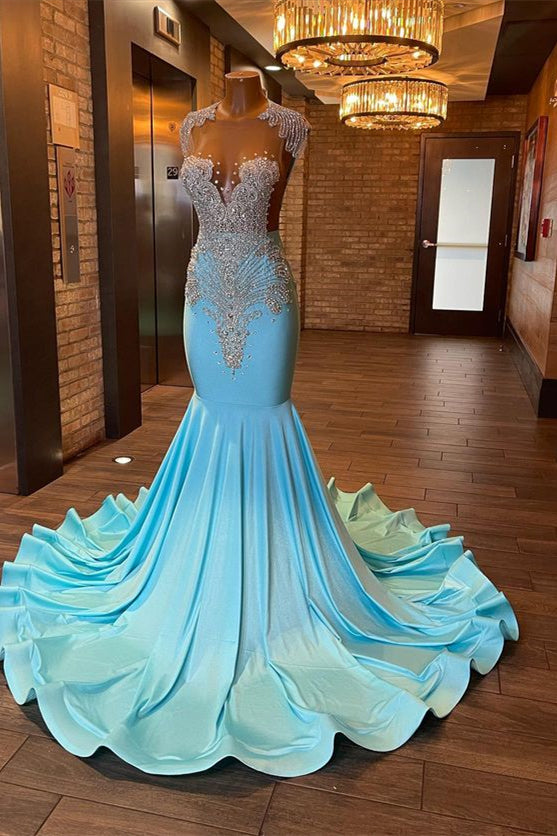 Sleeveless Evening Dress Blue Appliques Mermaid With Rhinestone