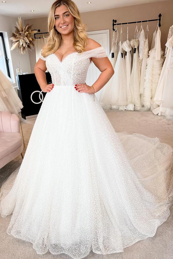 Bmbride Elegant Long A-line Off the Shoulder Tulle Wedding Dress White Bridal Gowns