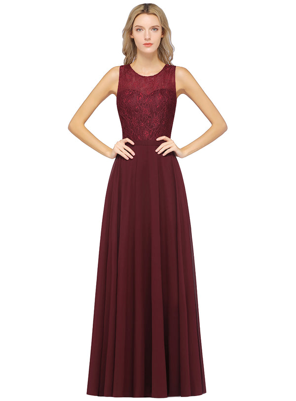 A-line Round Neck Lace Chiffon Floor-Length Dress