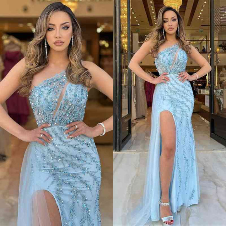 Blue One Shoulder Evening Dress with High Slit and Sequin Sleeveless