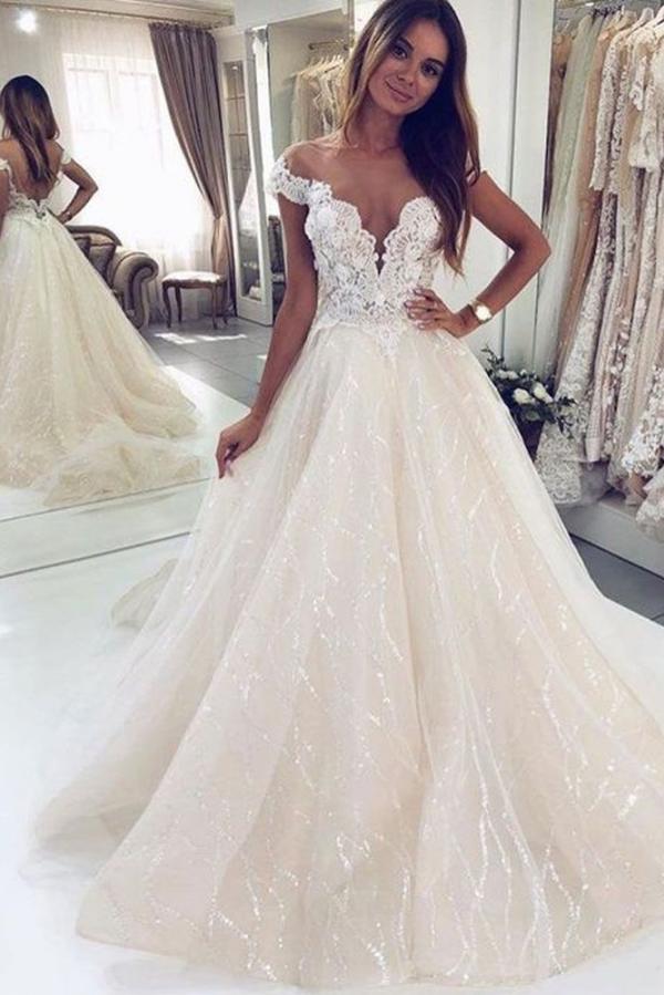 Bmbride Luxurious Long A-line Off-the-shoulder Tulle Open Back Glitter Bridal Gown