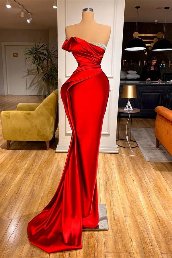 Strapless Mermaid Prom Dress in Red with Long Length and Beadings