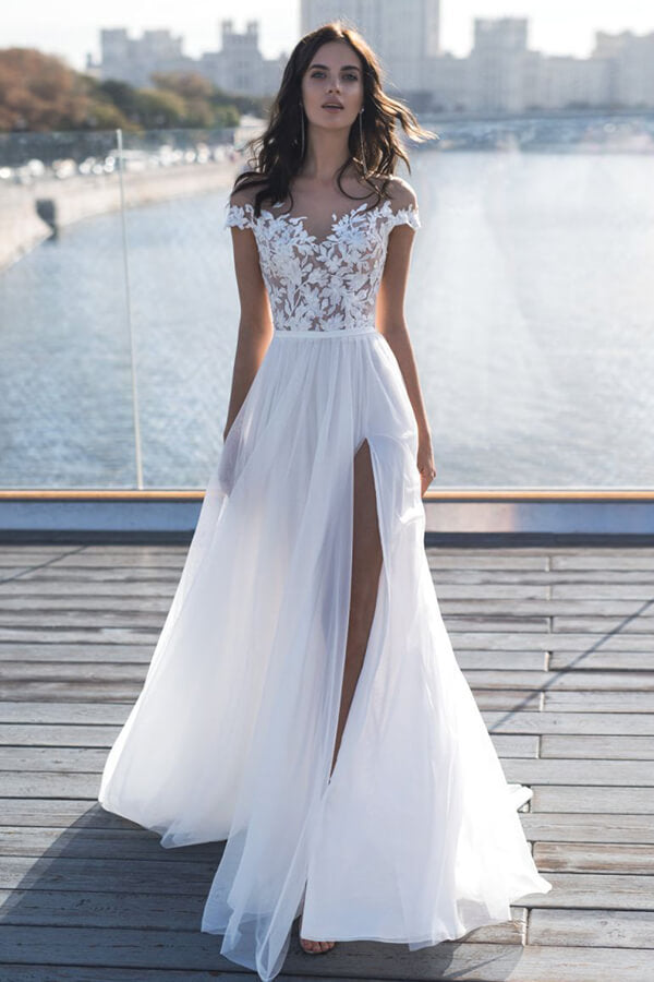 Bmbride A-line Wedding Dress with Front Slit Appliques Tulle