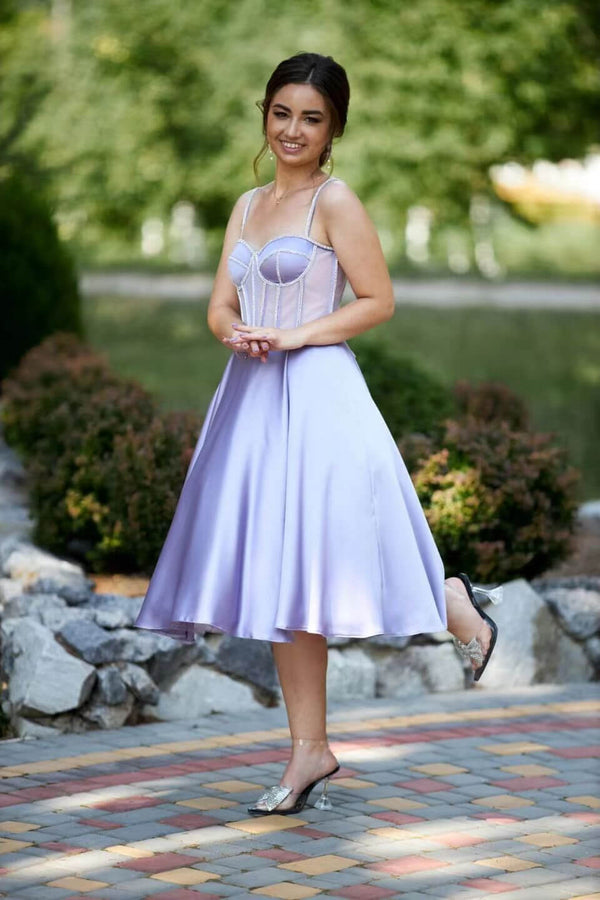 Sleeveless Lilac Evening Dress with Spaghetti Straps and Beads