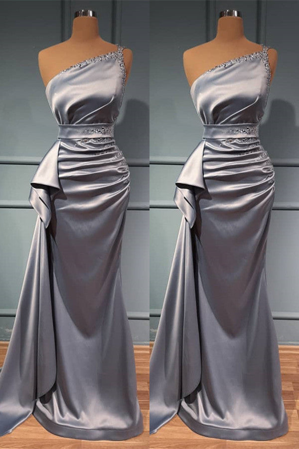 Online One Shoulder Prom Dress with Shiny Silver Beadings and Belts