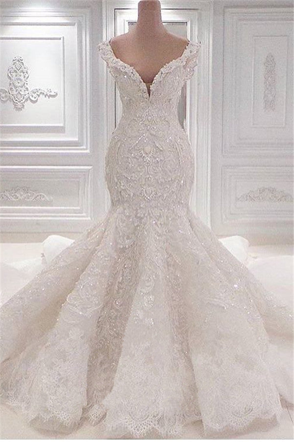 Bmbride V-neck Appliques Lace Ruffles Floor-length Mermaid Wedding Dress