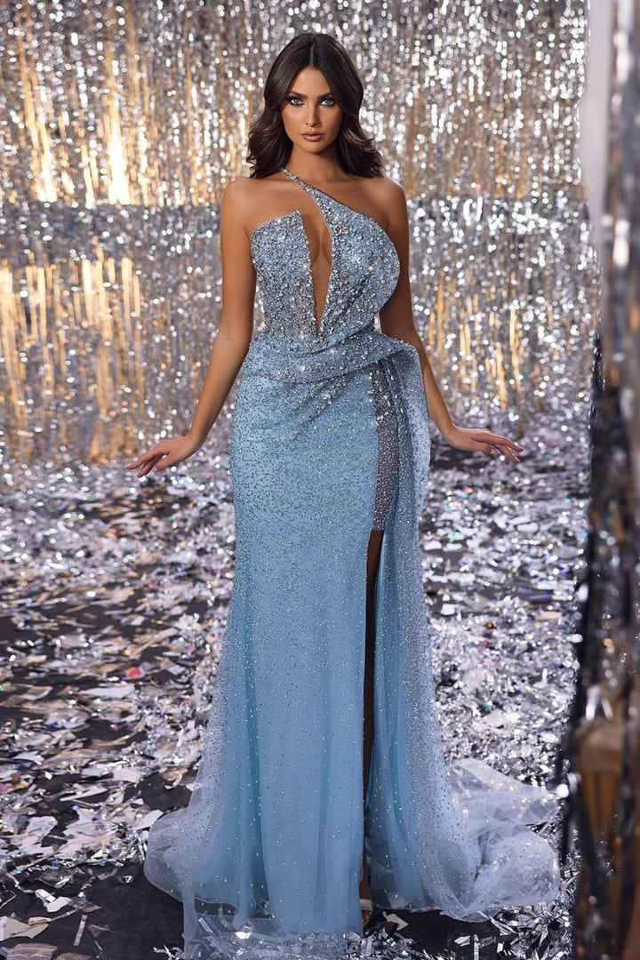 Baby Blue Sequins Sleeveless Prom Dress With High Slit Tulle