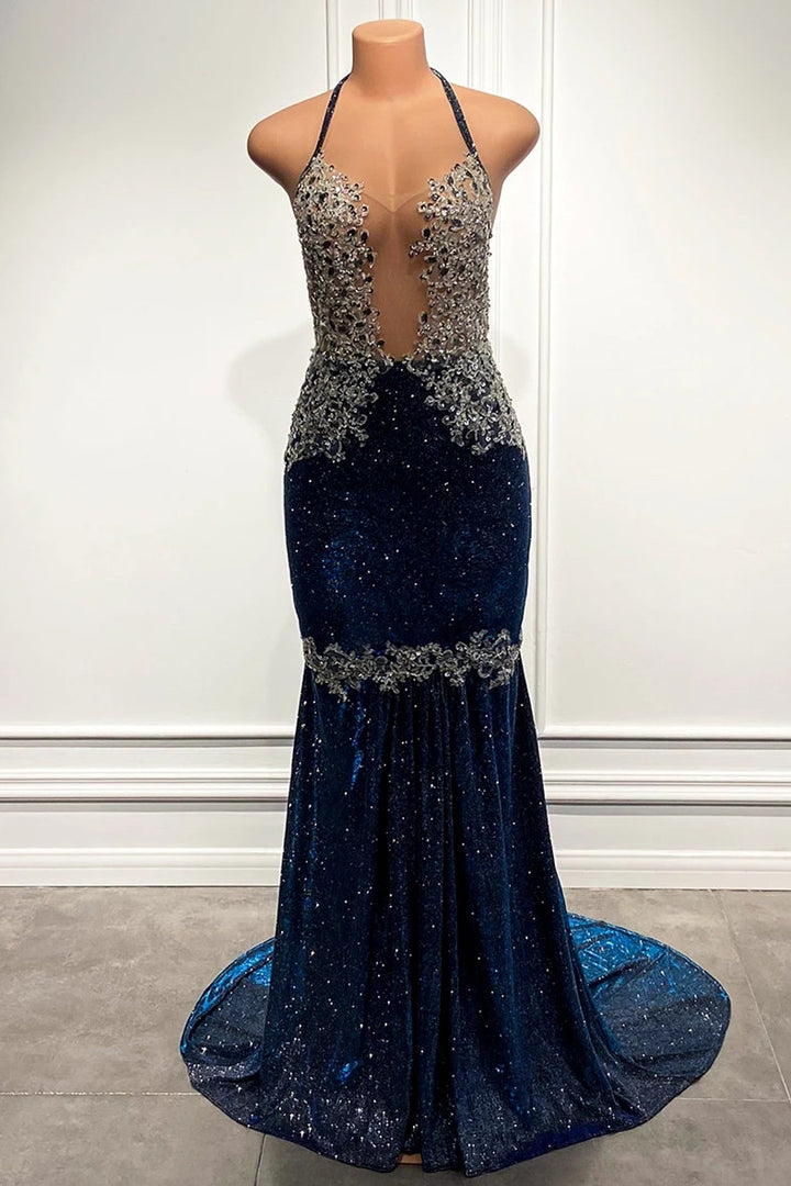 Sequin Blue Mermaid Long Prom Dress with Spaghetti Straps