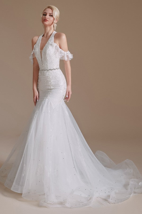 Bmbride Long Elegant Mermaid Halter Tulle Wedding Dress with Floor-Length and Appliques Lace