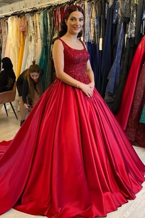 Bmbride Burgundy Square Neck Lace Satin Backless Long Ball Gown Formal Prom Dresses