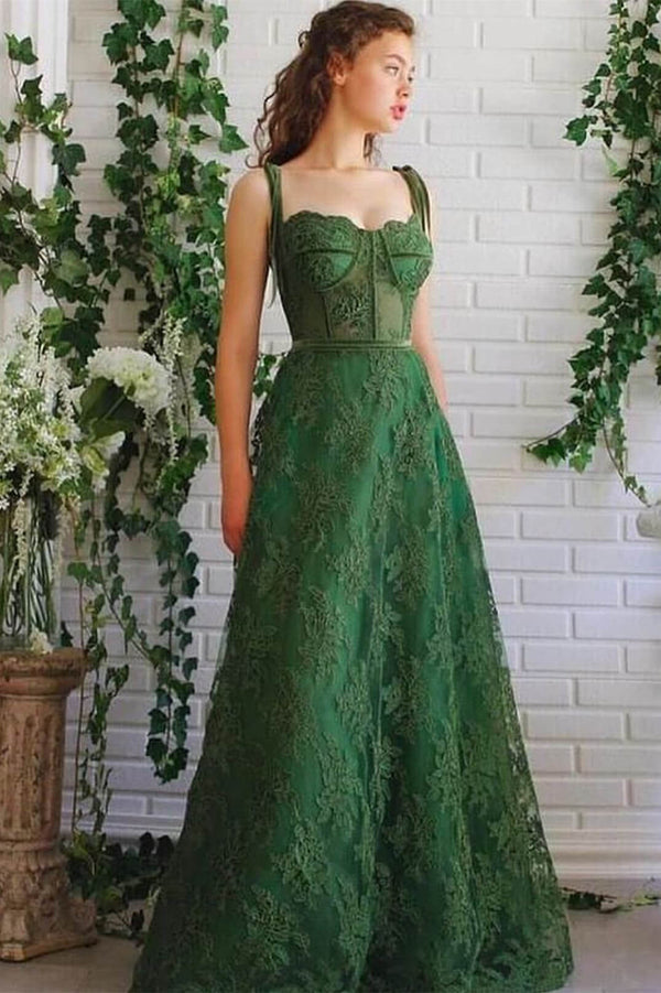 Emerald Strapless Evening Dress With Spaghetti Straps Green Color A-Line Cut Appliques