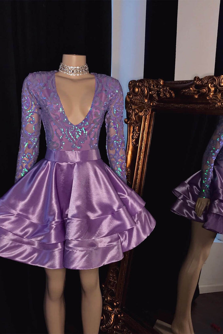 Purple Short Prom Dress with Long Sleeves V Neck and Appliques