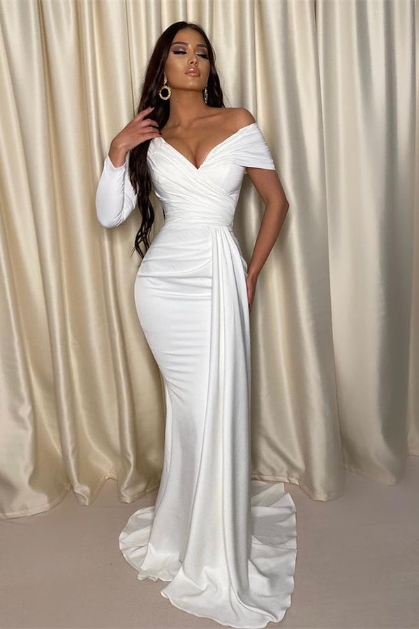 White chic evening dress prom dress with one shoulder off-the-shoulder design and pleated detailing.