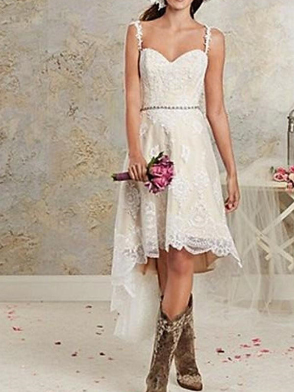 Bmbride Plus Size A-Line Wedding Dress with Spaghetti Straps and Asymmetrical Lace Tulle Design