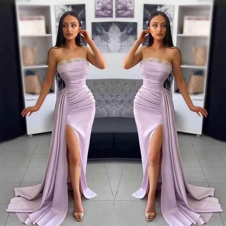 Elegant Lavender Evening Dress Off-the-Shoulder Sleeveless Pleated with Applique Slit