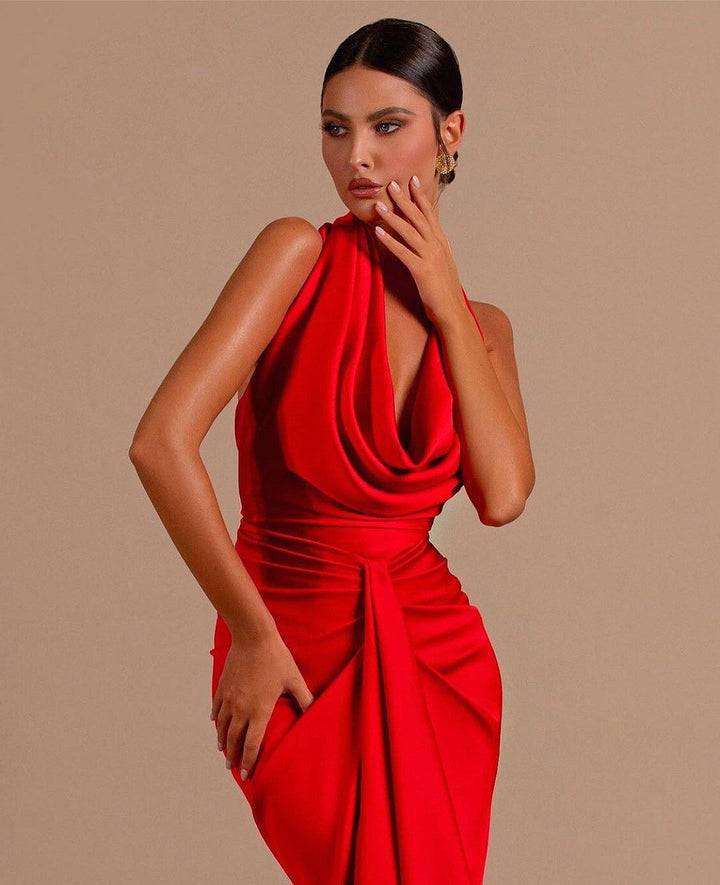 Long Red Sleeveless Halter Open Back Mermaid Prom Dress